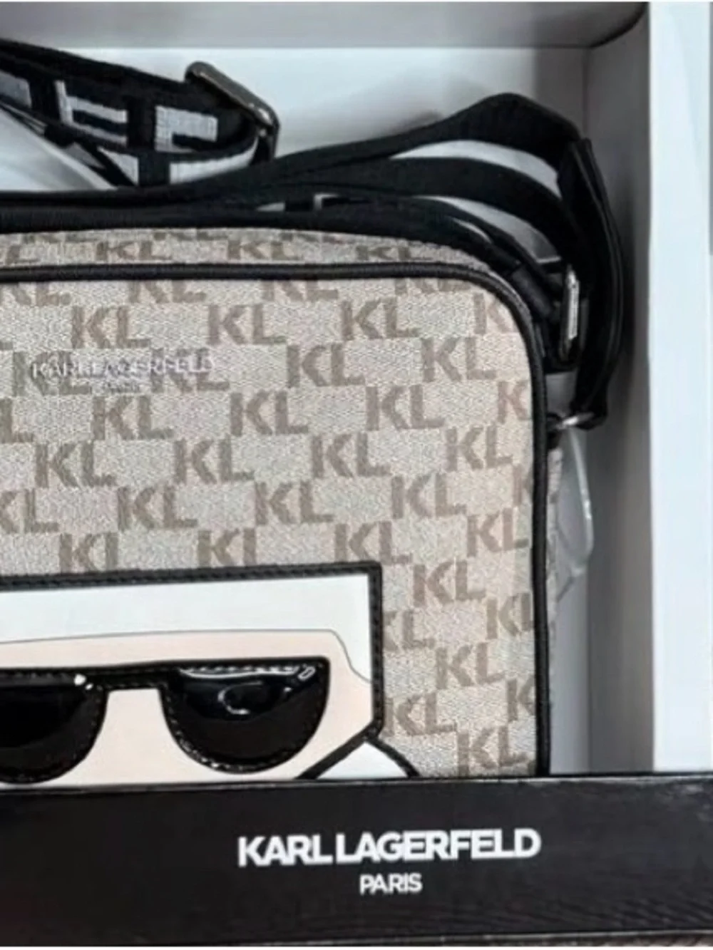 New Karl Lagerfeld Beige KL Monogram Crossbody Bag with Removable Coin Pouch